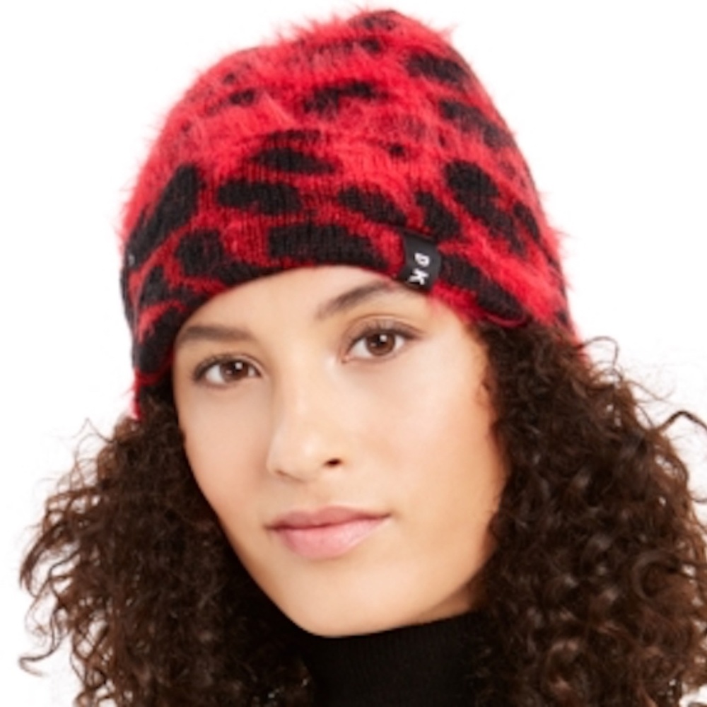 DKNY Womens Fuzzy Knit Beanie Hat Set Red Black Animal Print